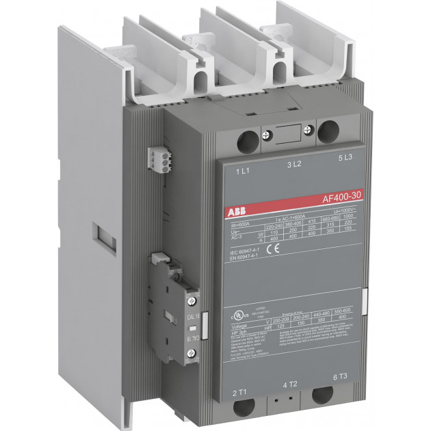 Контактор ABB AF400-30-11 100...250VAC/DC, 3NO 400A(600A-AC1) 200kW, всп.контакт 1NO+1NC (4A-AC15)