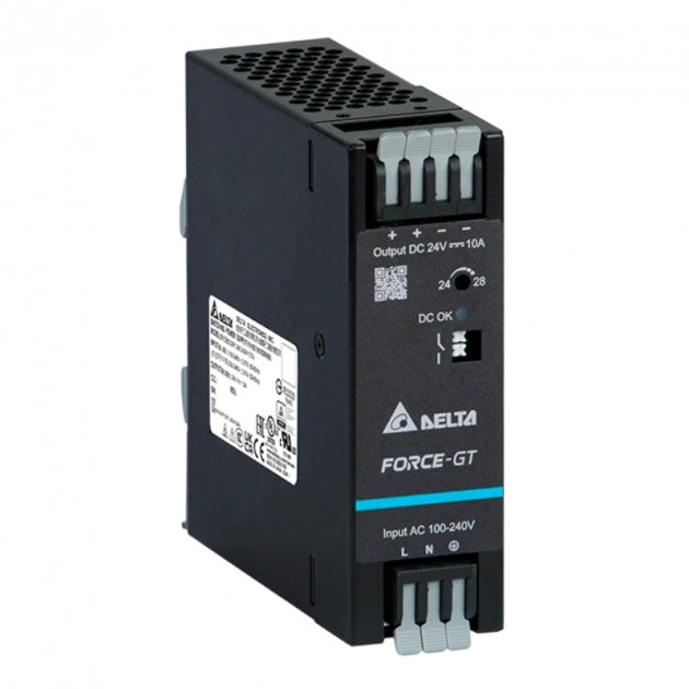 Блок питания импульсный Delta Force-GT, 240W, 10А, 90_264VAC / 24VDC, DIN35, реле DC OK, винт.клеммы, ал.корпус