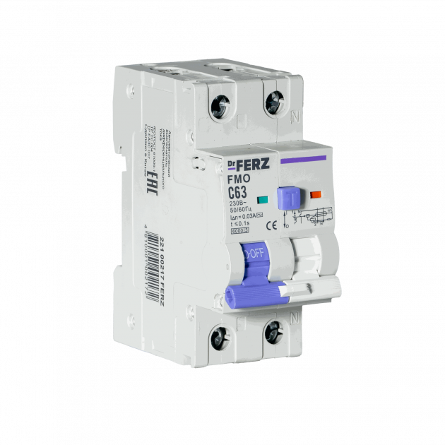FMO-EL-1P+N 63A 30mA 6kA тип AC, х-ка C, 2M Диф. автомат FERZ