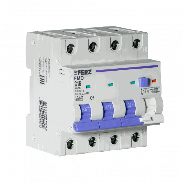 FMO-EL-3P+N 16A 30mA 6kA тип AC, х-ка C, 4M Диф. автомат FERZ