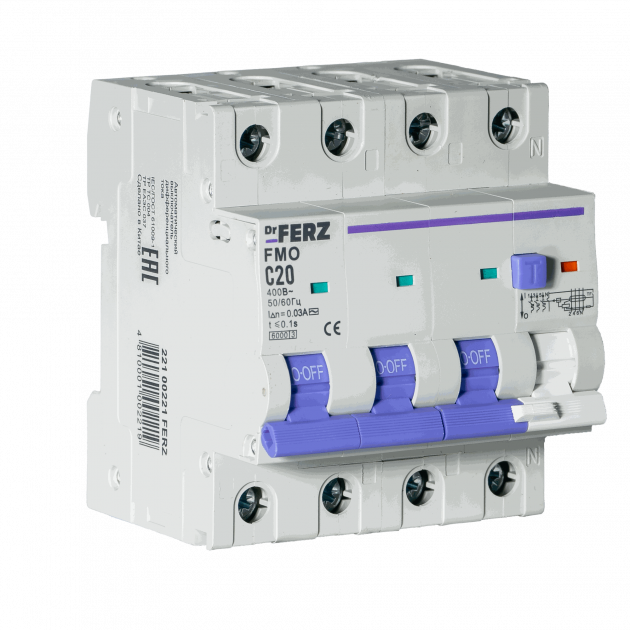 FMO-EL-3P+N 20A 30mA 6kA тип AC, х-ка C, 4M Диф. автомат FERZ