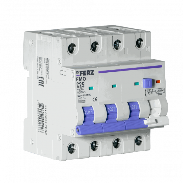FMO-EL-3P+N 25A 30mA 6kA тип AC, х-ка C, 4M Диф. автомат FERZ
