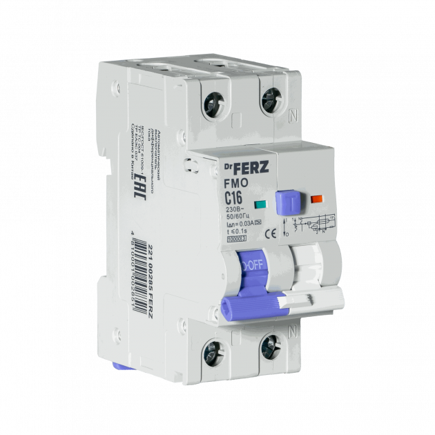 FMO-EM-1P+N 16A 30mA 10kA тип A, х-ка C, 2M Диф. автомат FERZ
