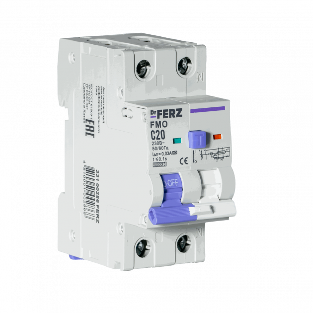 FMO-EM-1P+N 20A 30mA 10kA тип A, х-ка C, 2M Диф. автомат FERZ