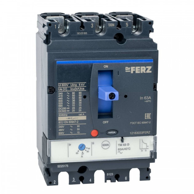 Авт. выкл. FERZ CNSX-N-100-TM-D/3P 63А 50кА с рег. термомаг. расцепителем