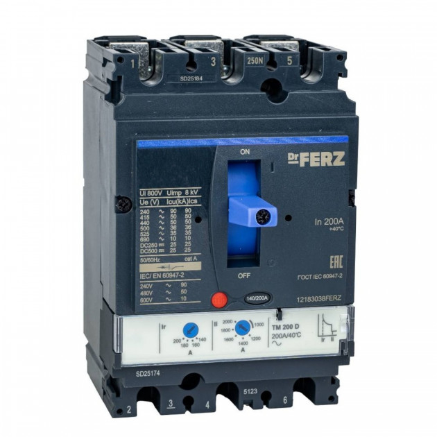 Авт. выкл. FERZ CNSX-N-250-TM-D 200А 50кА с рег. термомаг. расцепителем