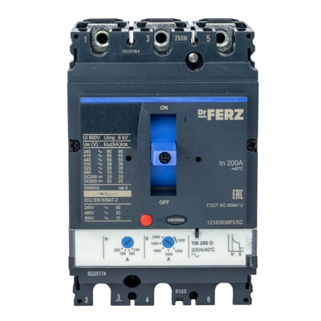 Авт. выкл. FERZ CNSX-N-250-TM-D 200А 50кА с рег. термомаг. расцепителем