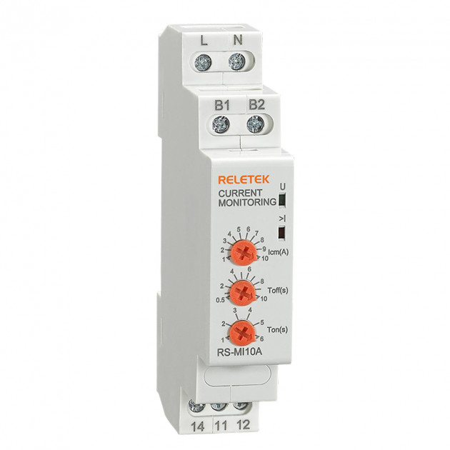 Реле контроля тока RS-MI10A, однофазное, In=10A(1_10A), 1CO, 8A(250VAC), 230VAC, Imax, Ton/off 1_6s/0.5_10s, память ошибки, 1M