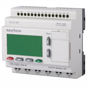 Программируемый логический контроллер Rievtech PR-18DC-DA-R, 12_24VDC, 12DI(6AI), 6RO, RTC, RS232, ЖКИ