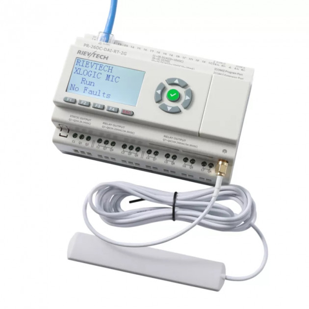 Программируемый логический контроллер Rievtech PR-26DC-DAI-RT-2G, 12_24VDC, 16DI(12AI), 2TO, 8RO, RTC, SD, RS485, Ethernet, 2G/GSM, ЖКИ