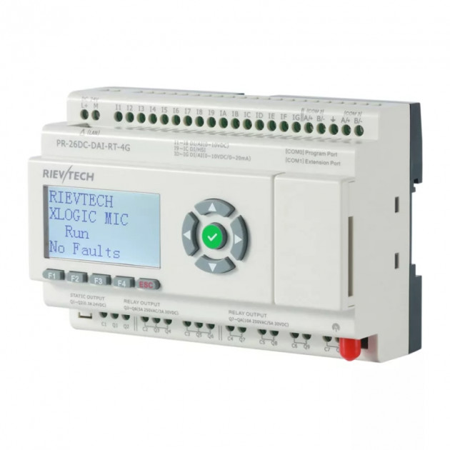 Программируемый логический контроллер Rievtech PR-26DC-DAI-RT-4G, 12_24VDC, 16DI(12AI), 2TO, 8RO, RTC, SD, RS485, Ethernet, 2G/4G/GSM, ЖКИ