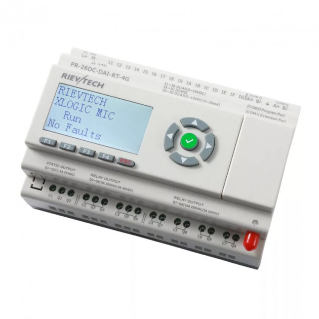 Программируемый логический контроллер Rievtech PR-26DC-DAI-RT-4G, 12_24VDC, 16DI(12AI), 2TO, 8RO, RTC, SD, RS485, Ethernet, 2G/4G/GSM, ЖКИ