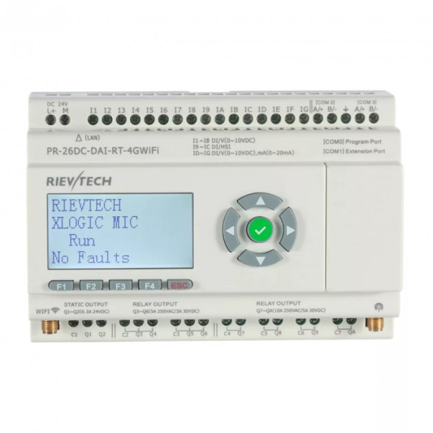 Программируемый логический контроллер Rievtech PR-26DC-DAI-RT-4GWIFI, 12_24VDC, 16DI(12AI), 2TO, 8RO, RTC, SD, RS485, Ethernet, 2G/4G/GSM, Wi-Fi, ЖКИ