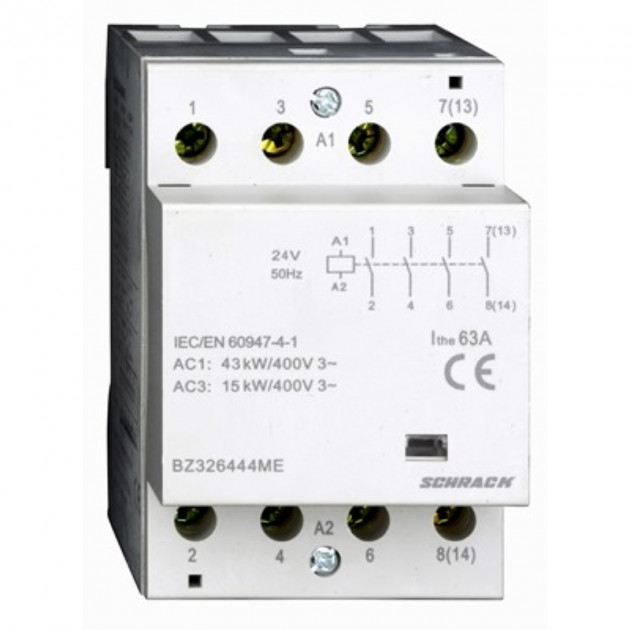 Модульный контактор DIN 63A по AC1, 230VAC 4НО контакт, 3модуля AMPARO