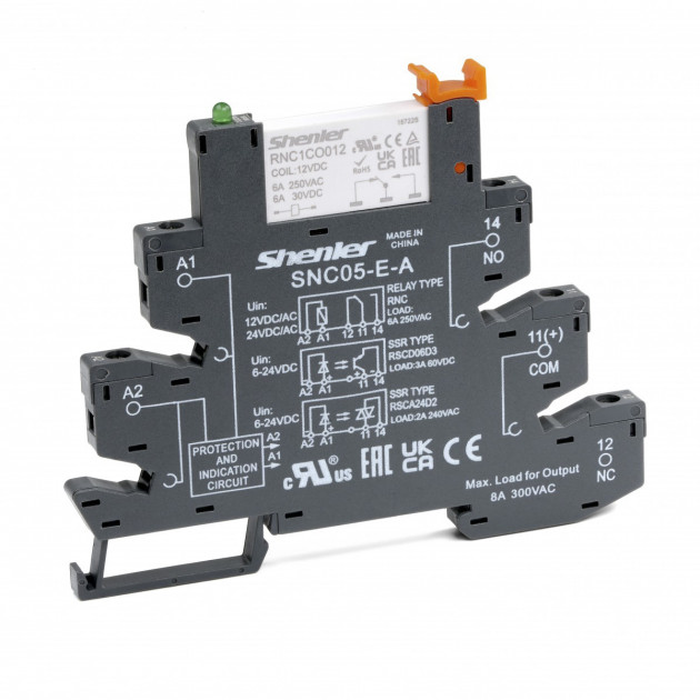 Реле Shenler интерфейсное RNC1CO060 с колодкой SNC05-S-D, пружинный зажим, 1CO, 6A(250VAC), 230VAC/DC, LED, W=6.2mm