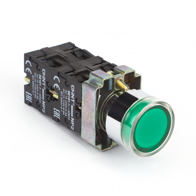 Кнопка управления NP2-BW3361 плоская, зеленая, 1НО, AC/DC230В(LED), IP40 (R) (CHINT)