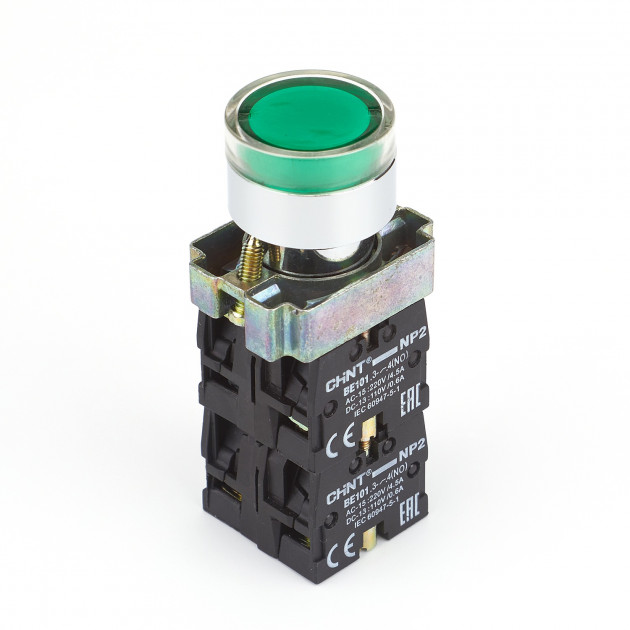 Кнопка управления NP2-BW3361 плоская, зеленая, 1НО, AC/DC230В(LED), IP40 (R) (CHINT)