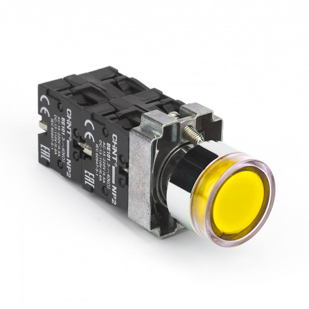 Кнопка управления NP2-BW3561 плоская, желтая, 1НО, AC/DC230В(LED), IP40 (R) (CHINT)