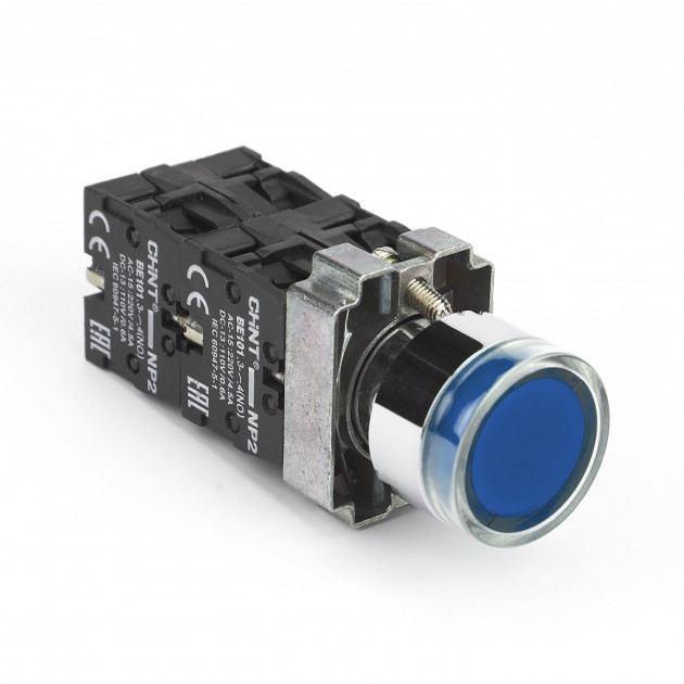 Кнопка управления NP2-BW3661 плоская синяя, 1НО, AC/DC230В(LED), IP40 (R) (CHINT)