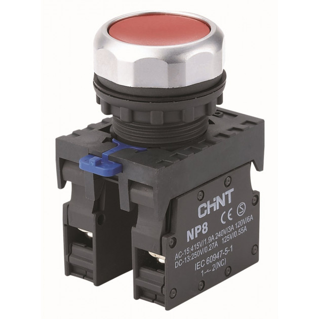 Кнопка упр. NP8-02BND/4 подствет., самовозв., красный, AC110-230В(LED), 2НЗ, IP65 (R) (CHINT)