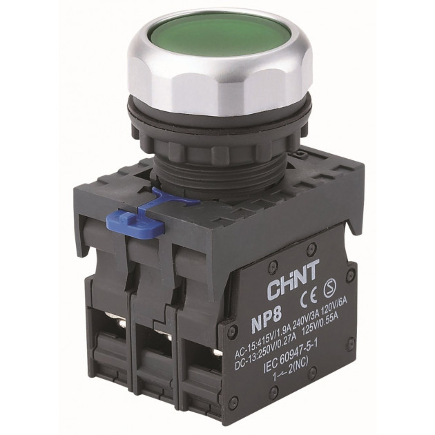 Кнопка упр. NP8-20BND/3 подствет., самовозв., зеленый, AC110-230В(LED), 2НО, IP65 (R) (CHINT)