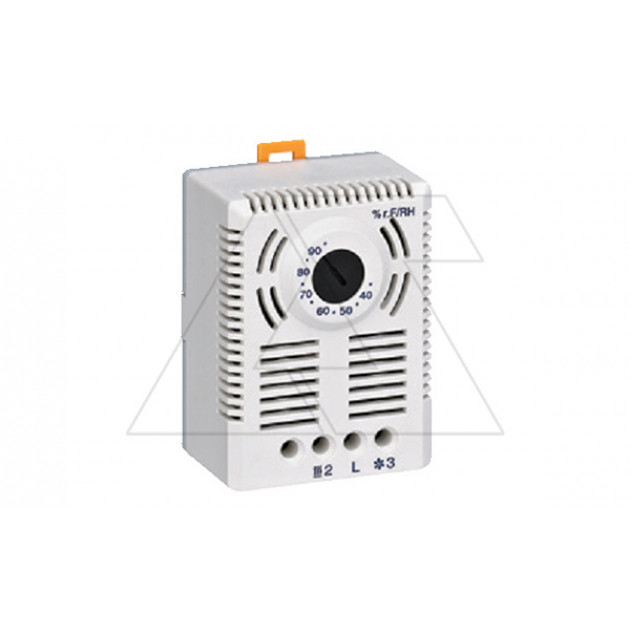 Гигростат AMH механический 35-95% влажности, 20DC 20W, 250VAC 5А, 1 перекл. контакт, винт клемма, на дин-рейку