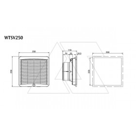 Вентилятор с фильтром 50Вт, 200(270)м3/час, 230VAC, габариты 250x250x99мм, вырез 223x223мм, выбор направления потока, клеммная колодка, IP54, RAL7035