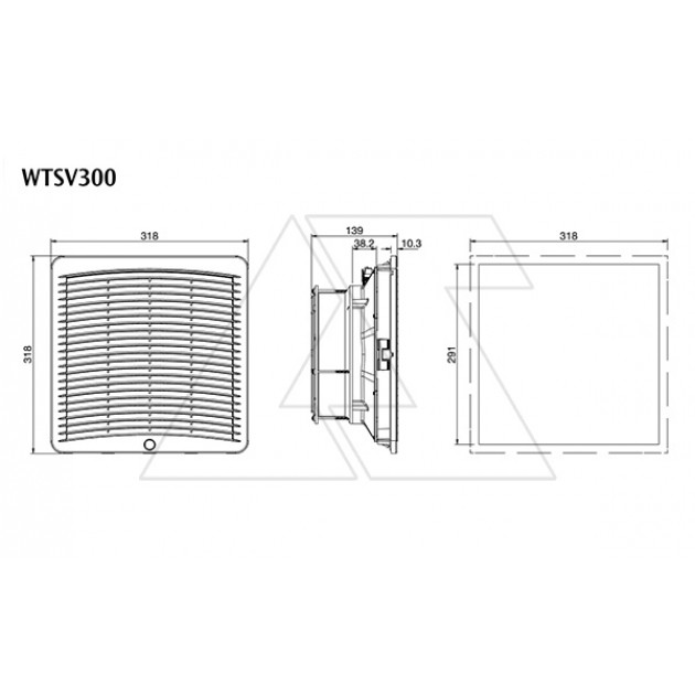 Вентилятор с фильтром 115Вт, 600(700)м3/час, 230VAC, габариты 318x318x135мм, вырез 291x291мм, выбор направления потока, клеммная колодка, IP54,RAL7035