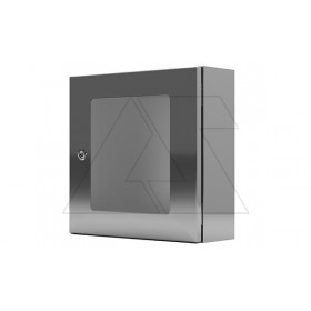 Щит ECOR моноблочный 400x300x200мм (ВxШxГ) из нерж. стали навесной с монт. панелью со стеклянной дверью, 1 язычковый замок, дно глухое, IP66