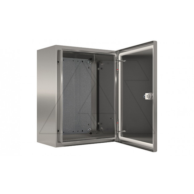 Щит ECOR моноблочный 400x600x200мм (ВxШxГ) из нерж. стали навесной с монт. панелью однодверный, 1 язычковый замок, дно глухое, IP66